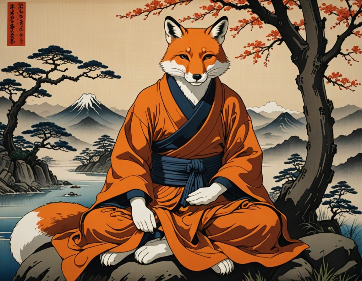 Buddhist Monk Fox in Traditional Japanese Art Style