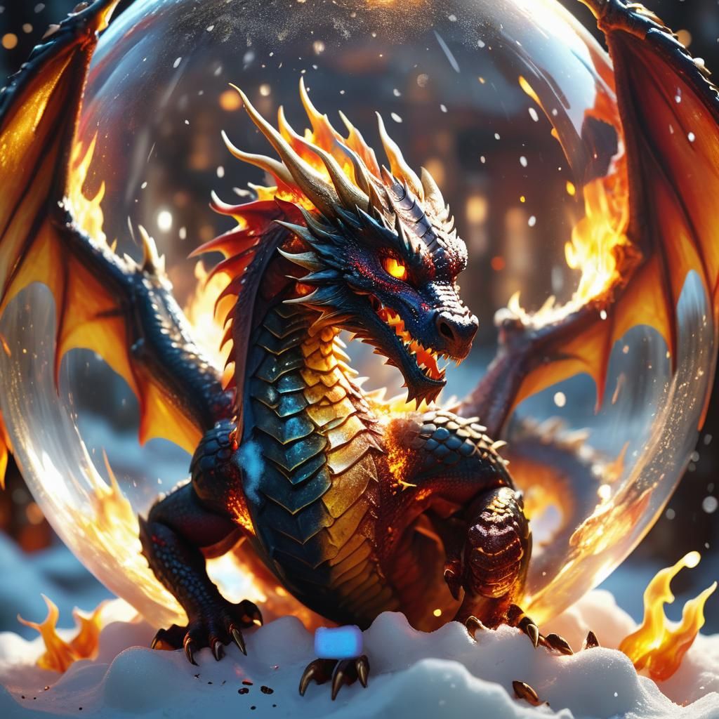 Fire Dragon Raging in a Snow Globe