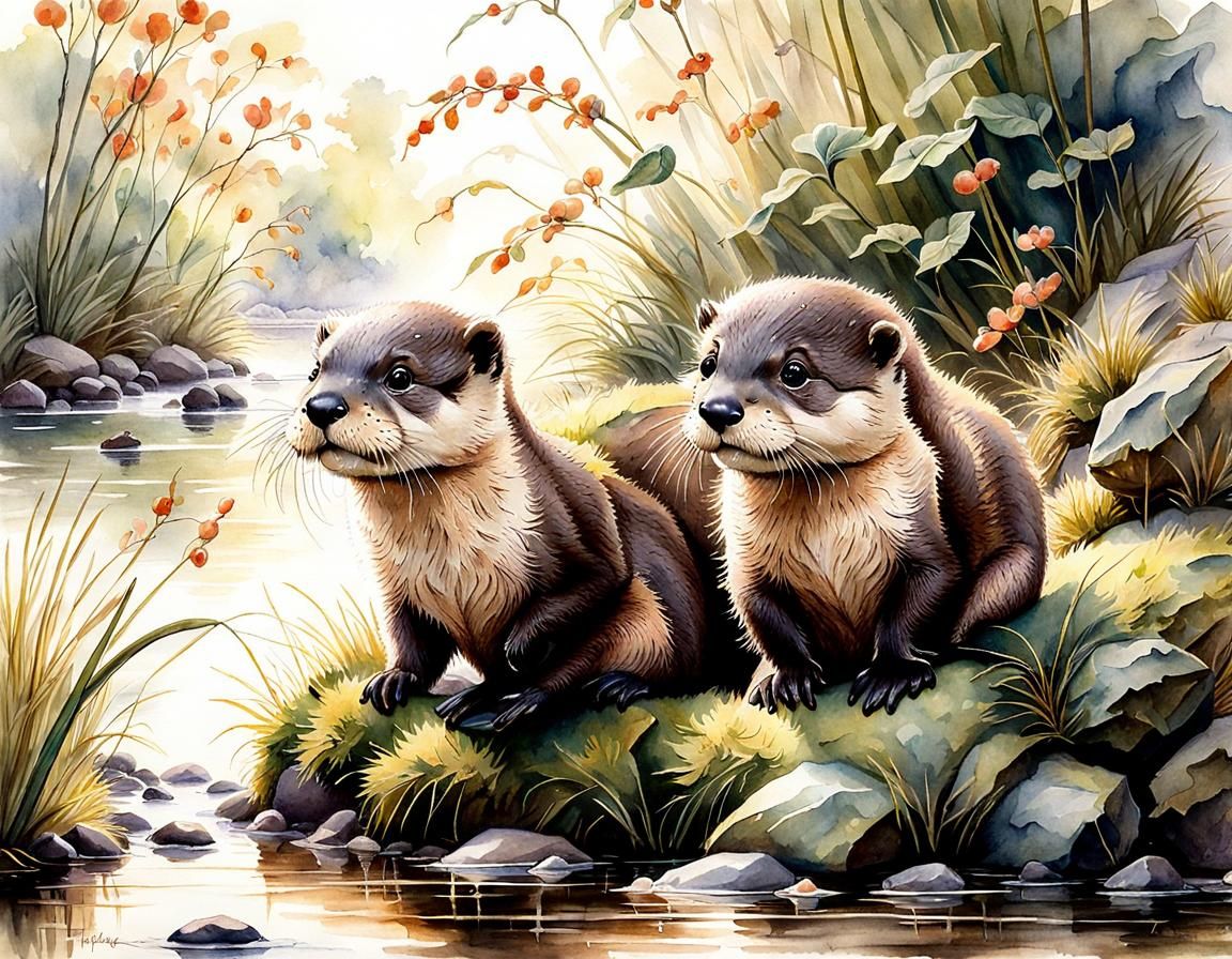 Fluffy Baby Otters Playing: Watercolour Masterpiece