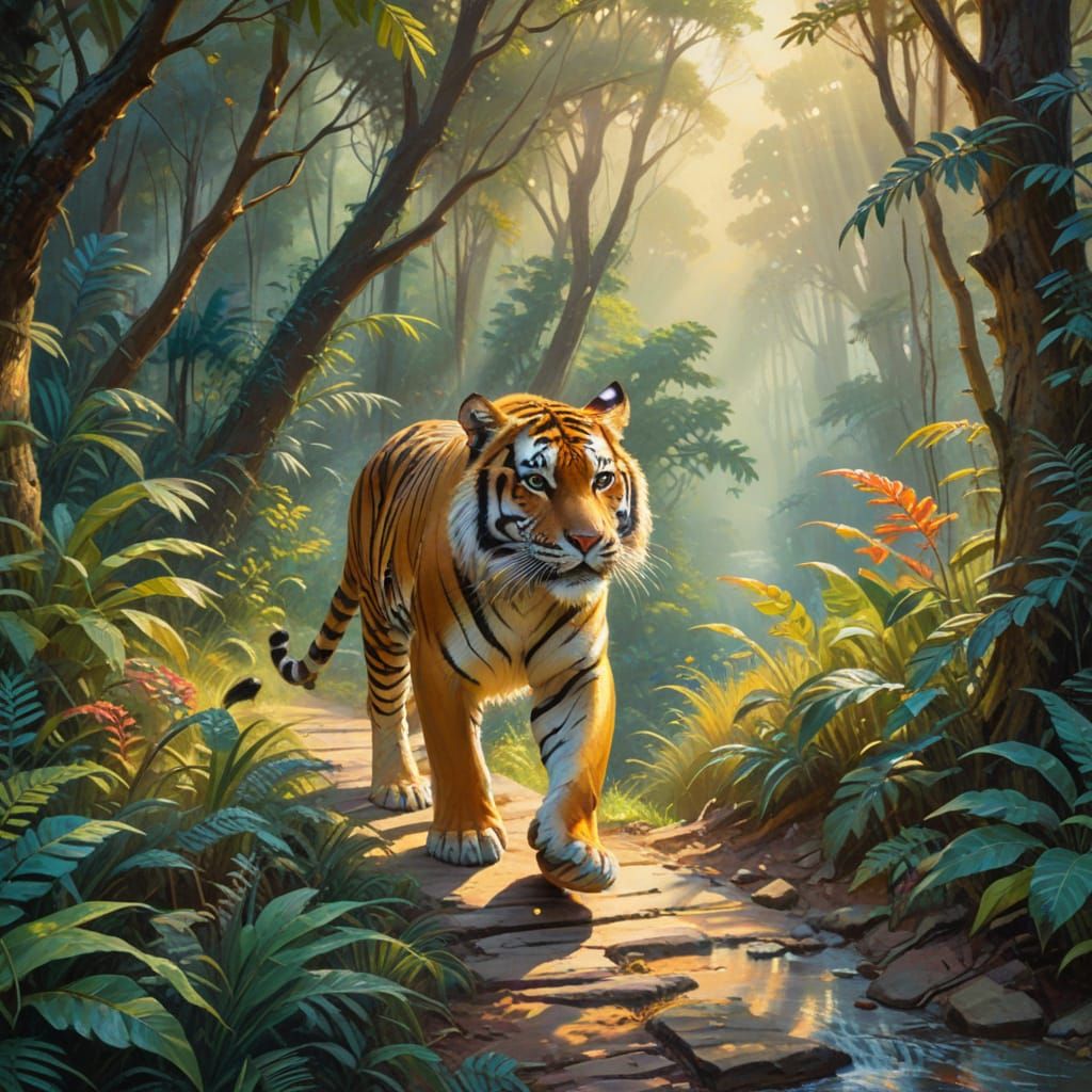 Tiger on Jungle Trail: Neo-Impressionist Gouache Painting
