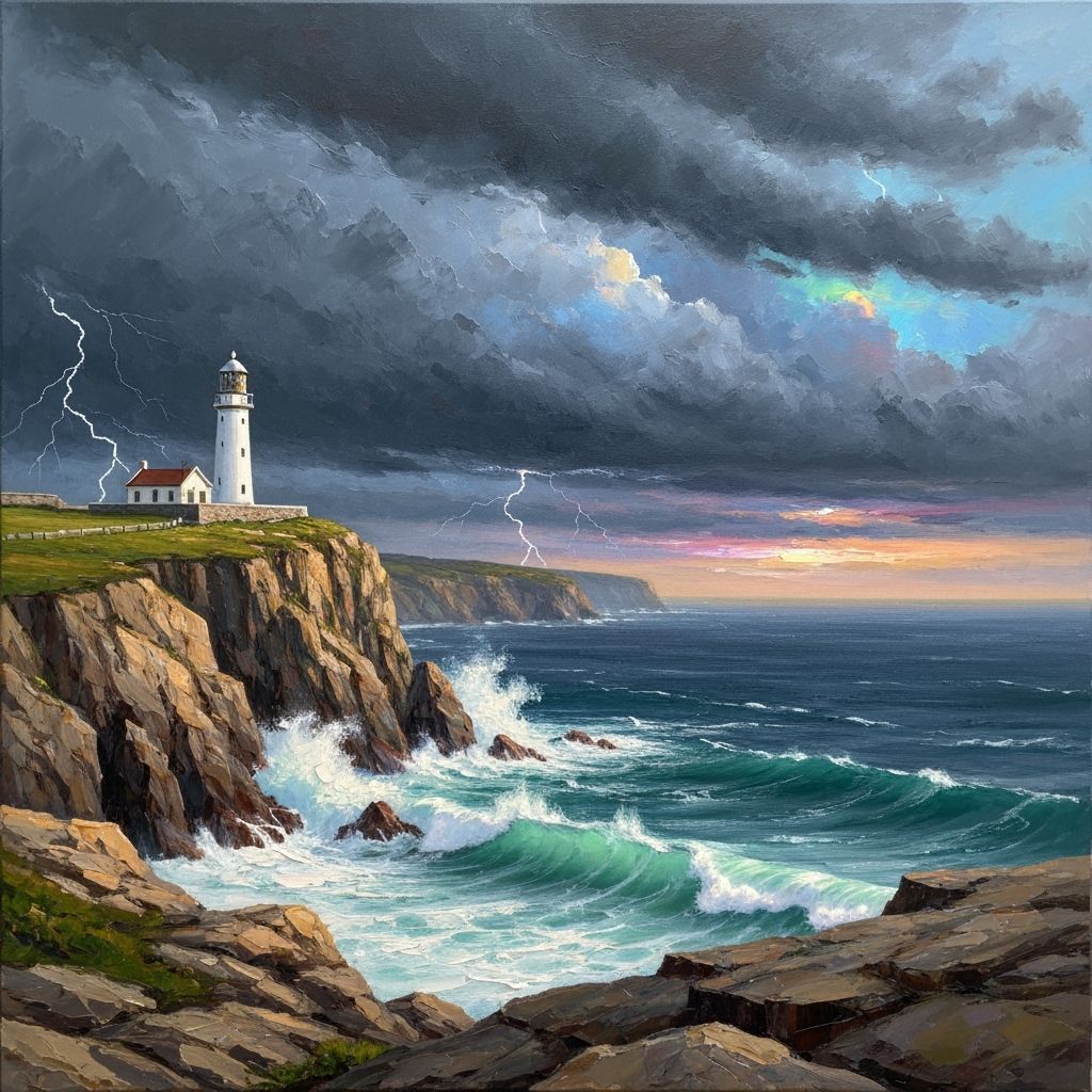 Dramatic Coastal Lighthouse Scene in Oil Painting Style