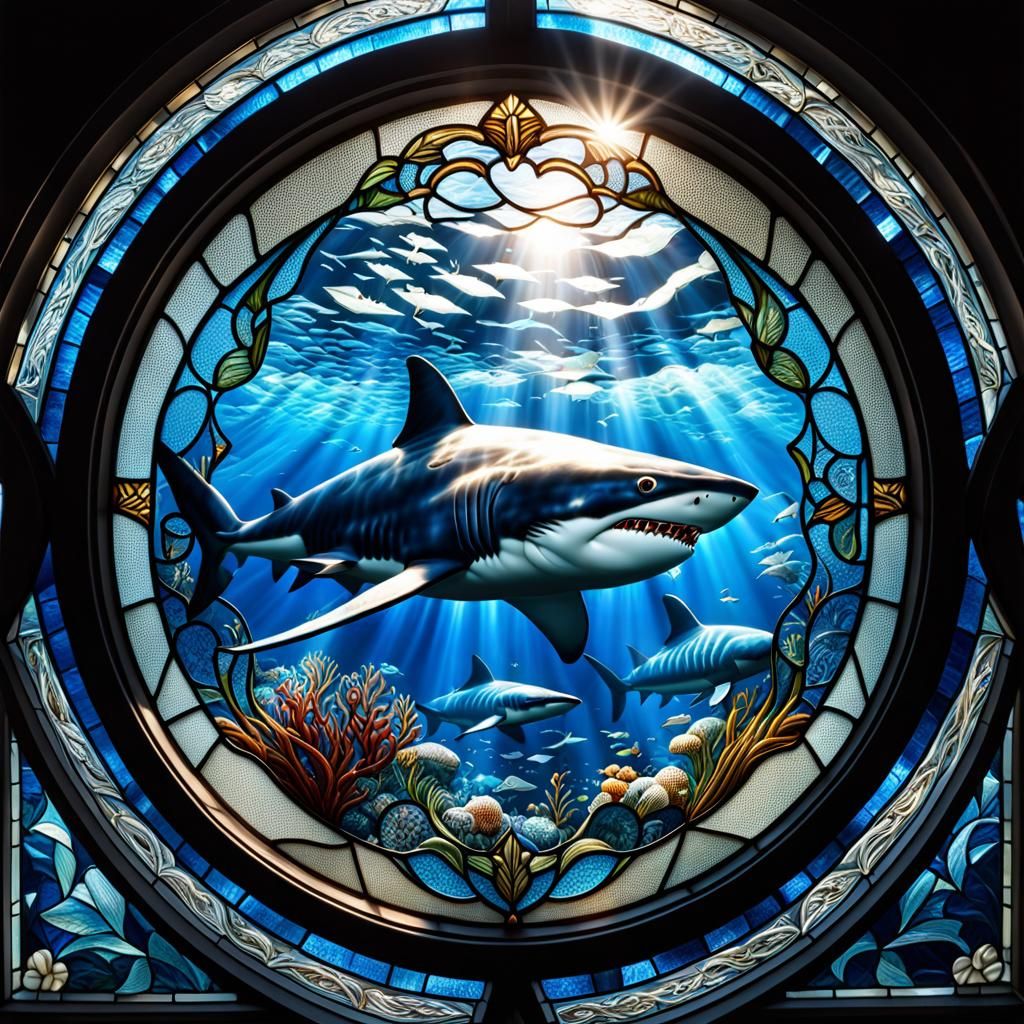 Stained Glass Shark in Glass Bubble, Hyperrealistic HDR