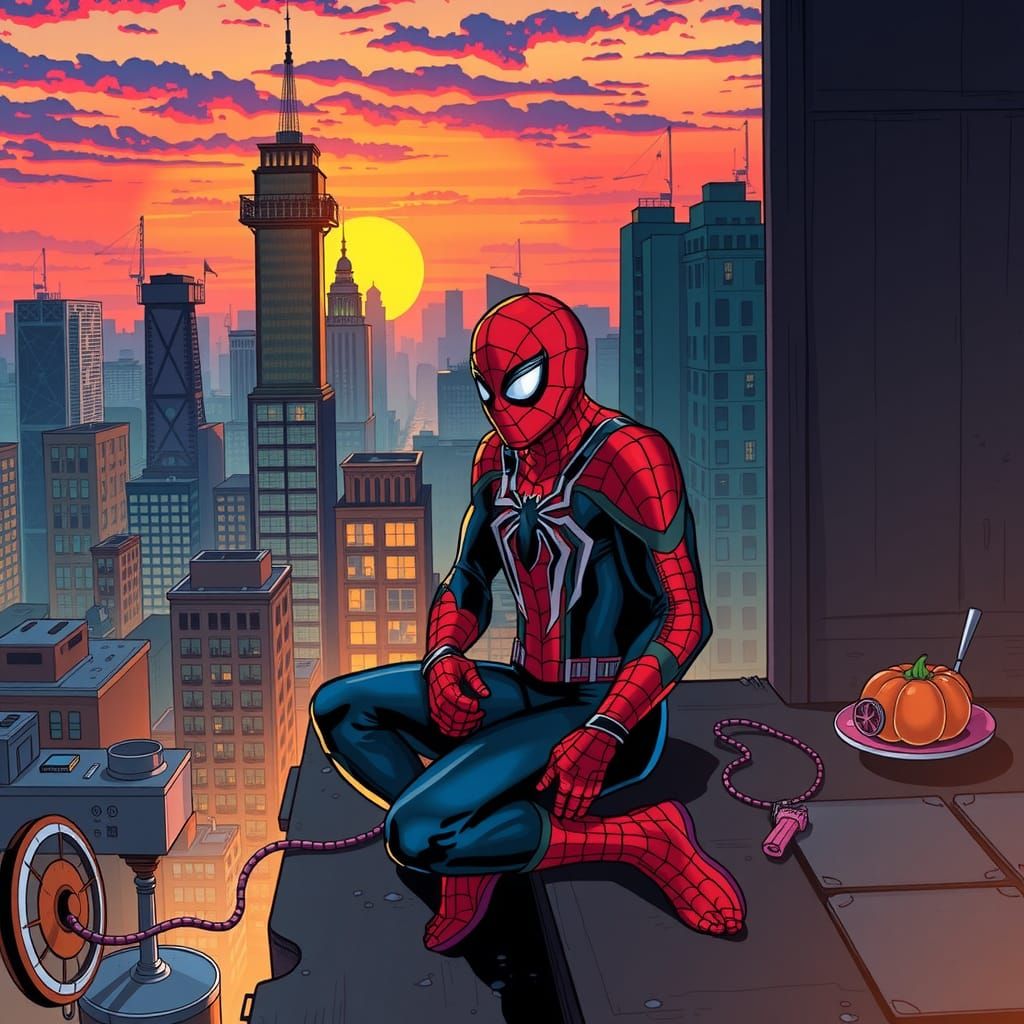 Spider-Man Enjoys Sunset Street Food, Comic Book Style