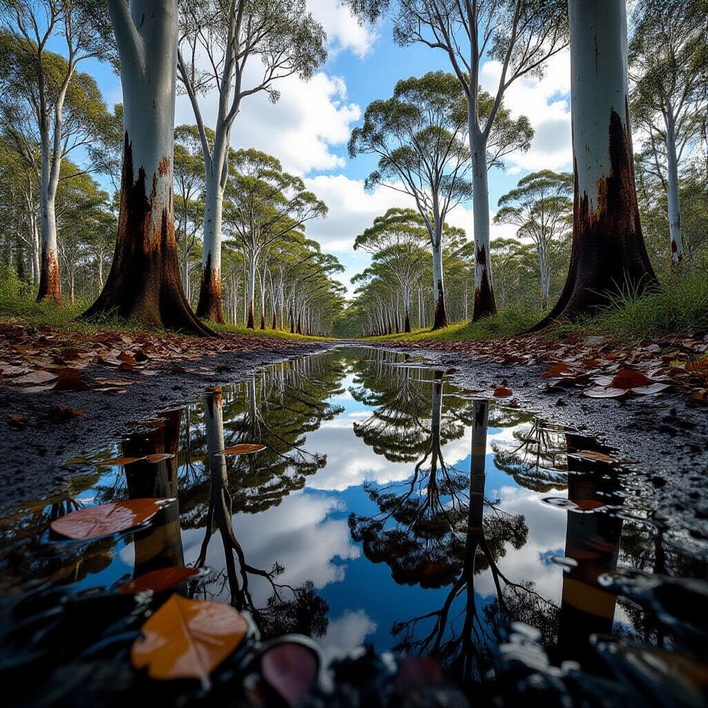 Reflective Puddle in Eucalyptus Forest: Fisheye View