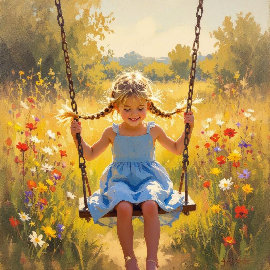Joyful Girl Swinging in Sunlit Wildflower Field