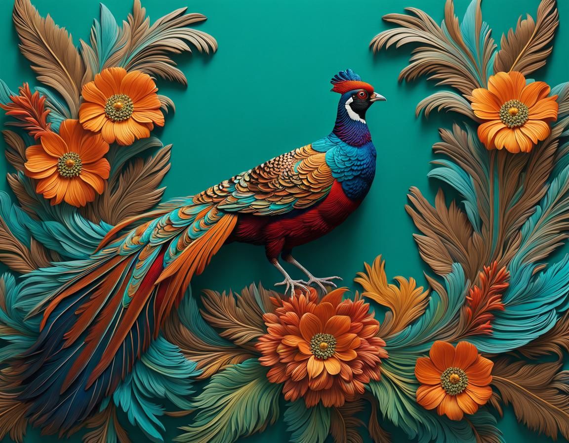 Detailed Pheasant with Flowers in Relief Art Style