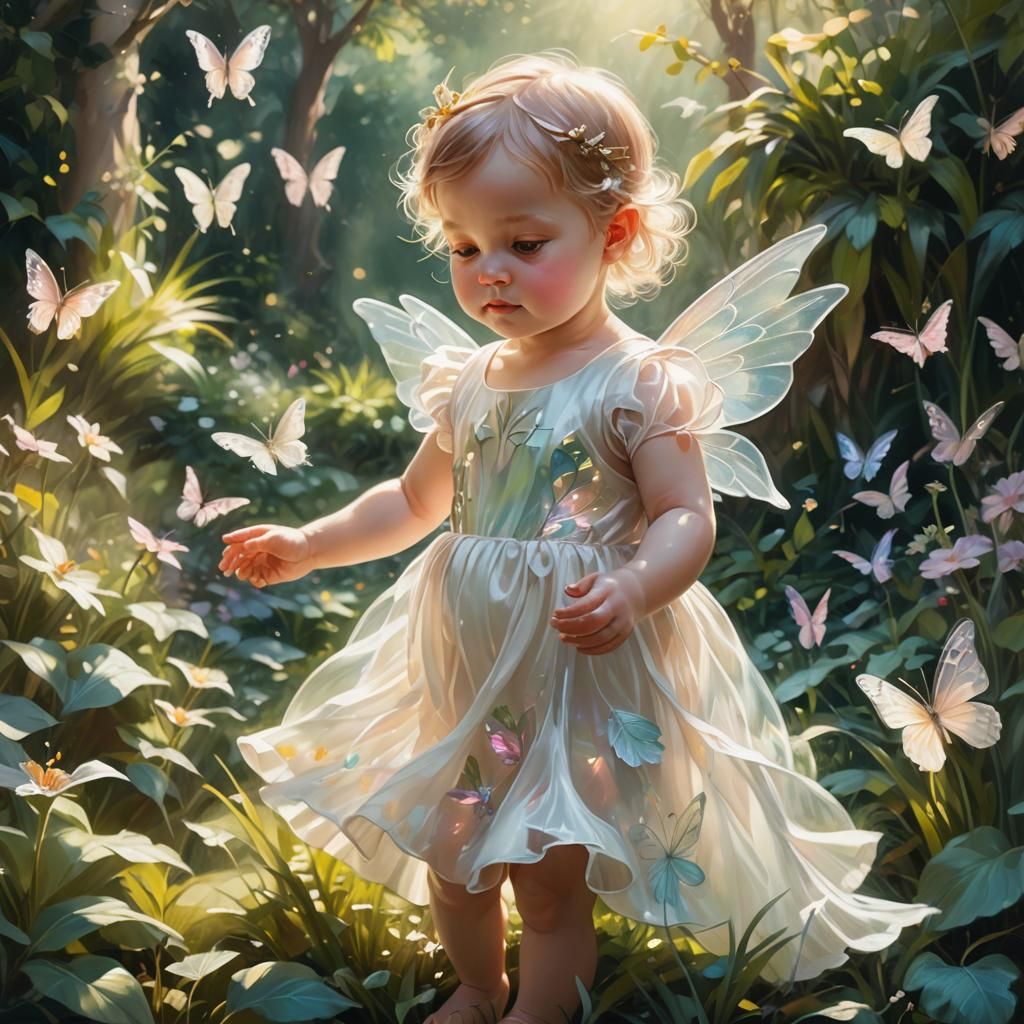 Baby Fairy in Lush Garden: Ethereal Oil Painting