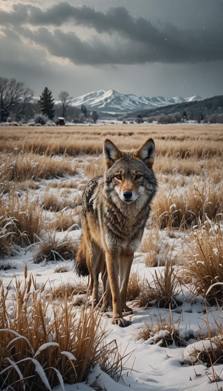 Coyote Hunting in Snowy Field: Digital Matte Painting
