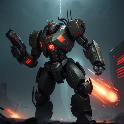 Robot Zombie Demolishes City in Neon Cyberpunk Art