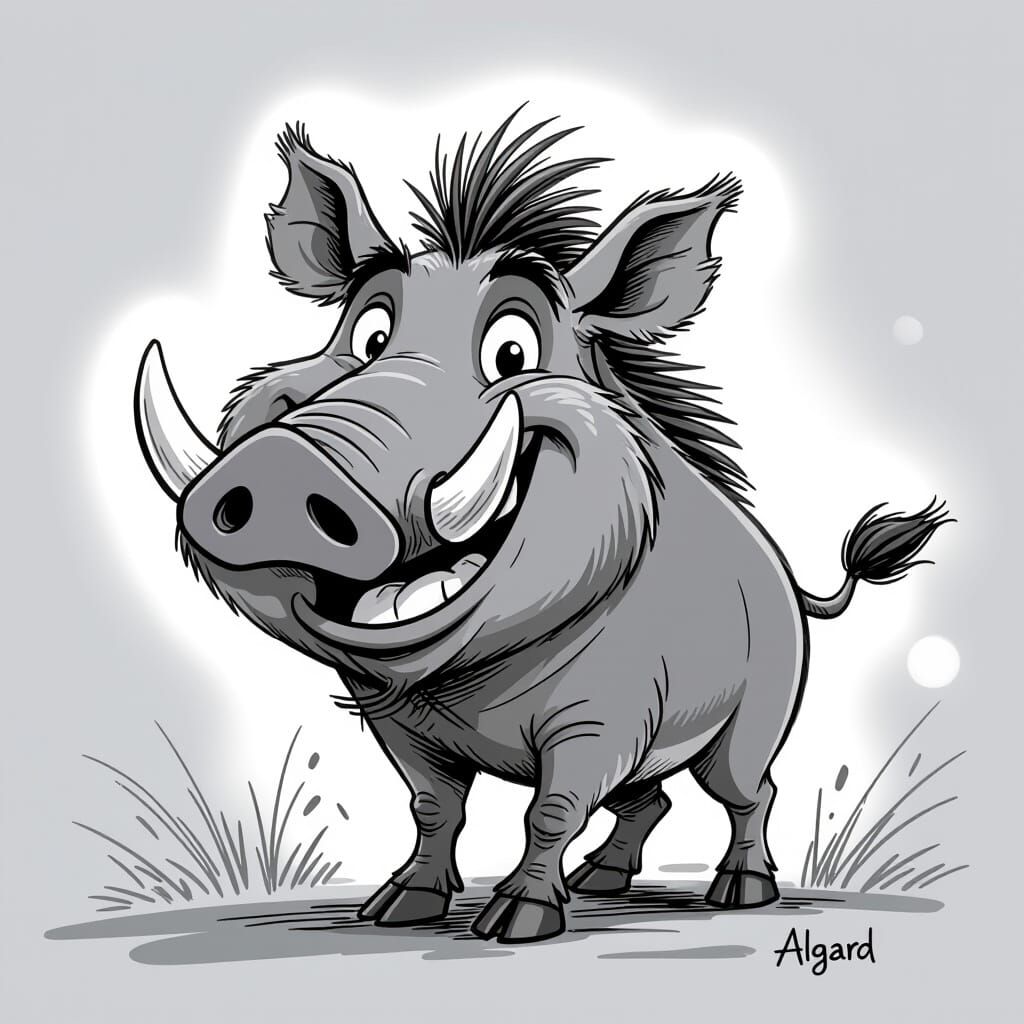 Black and White Caricature of a Happy Warthog