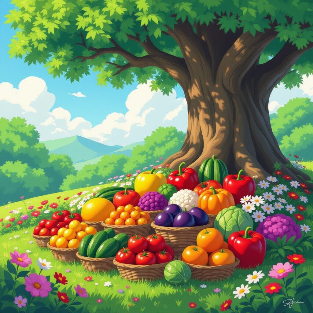Vibrant Fruit Harvest Under Majestic Tree, Anime Style