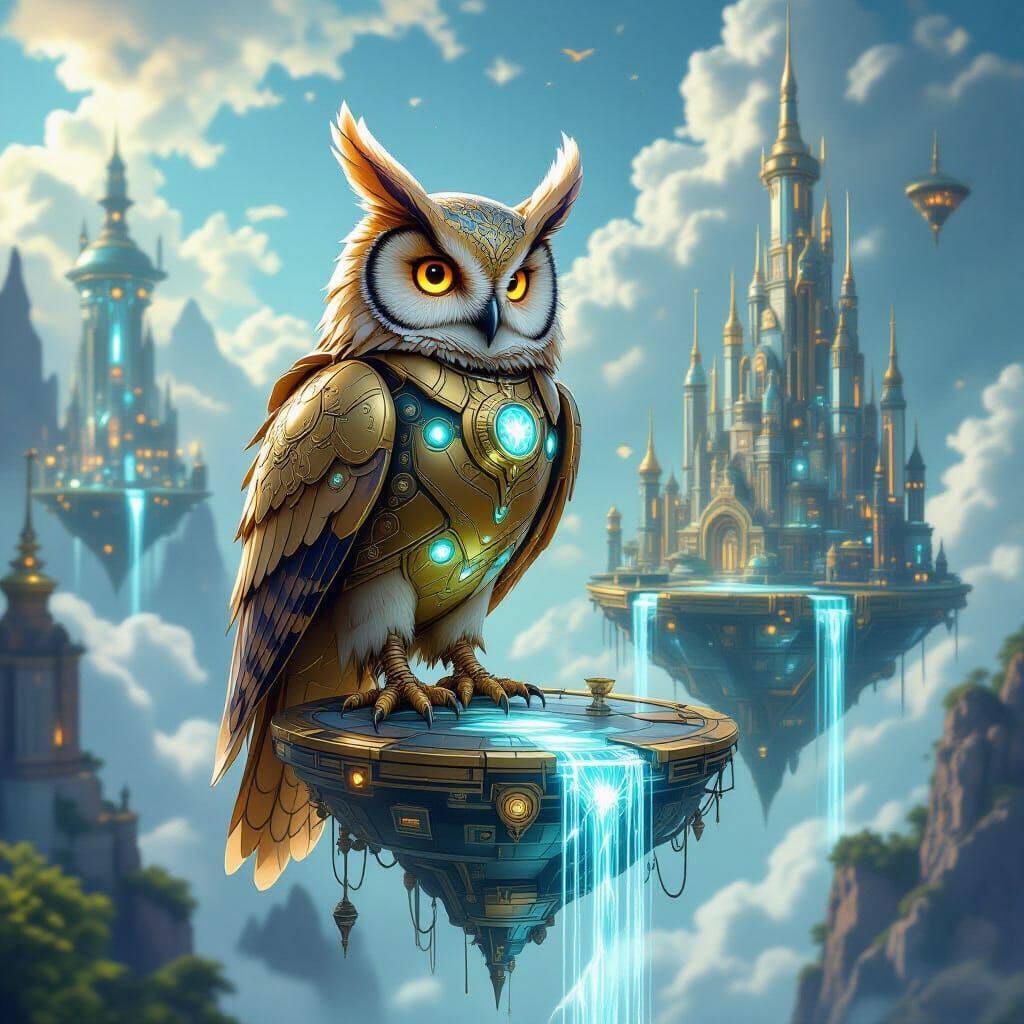 Mechanical Owl in Magical, Futuristic Cityscape