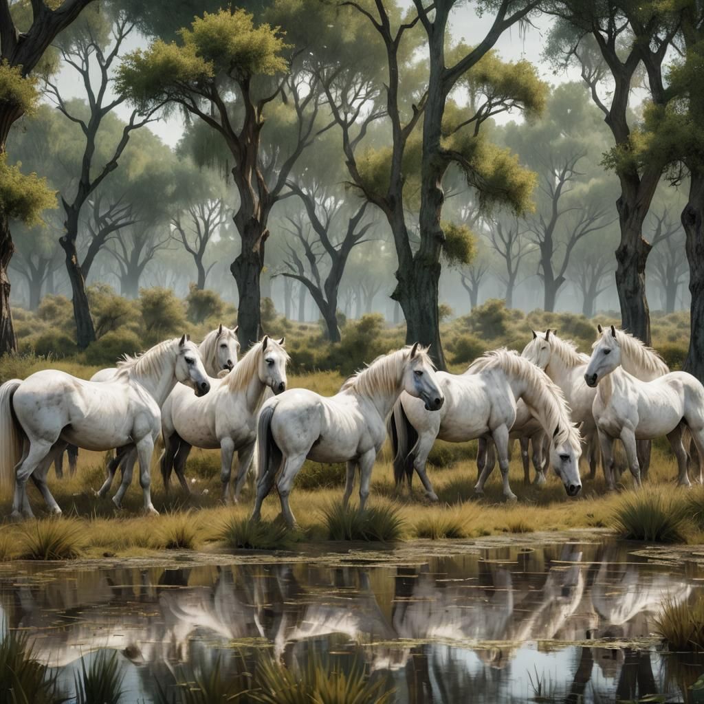 Camargue Horses Grazing, in the Style of Franz Marc