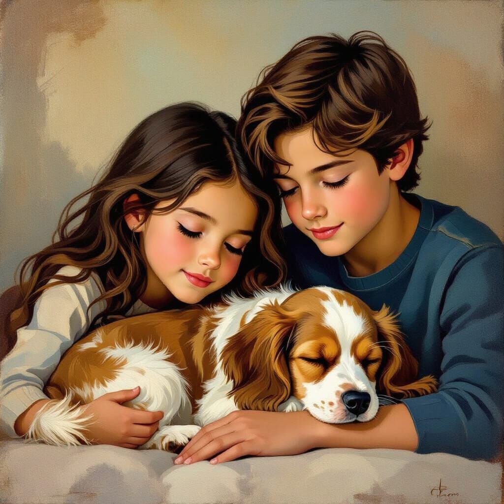 Children's Devotion to Sleeping Dog in Art Deco Style