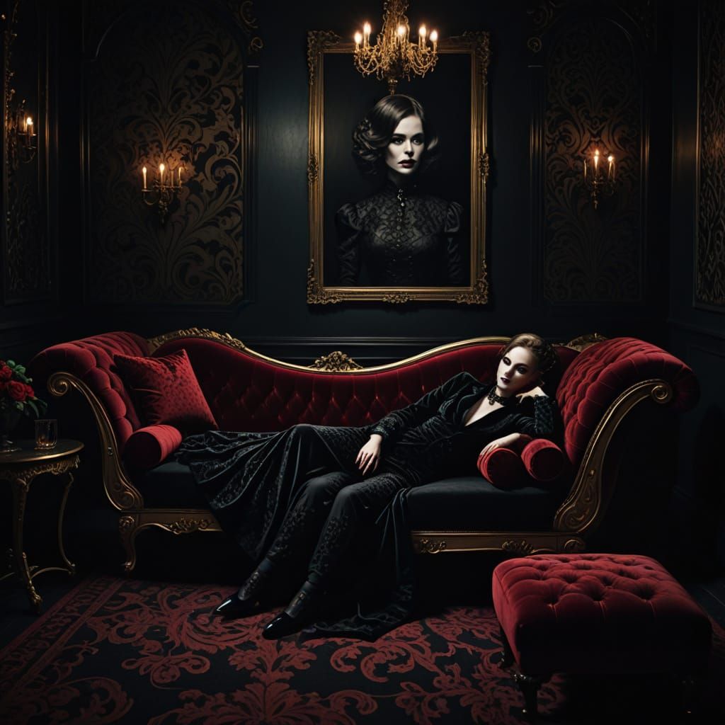 Gothic Noir Woman in Black Velvet Nightclub