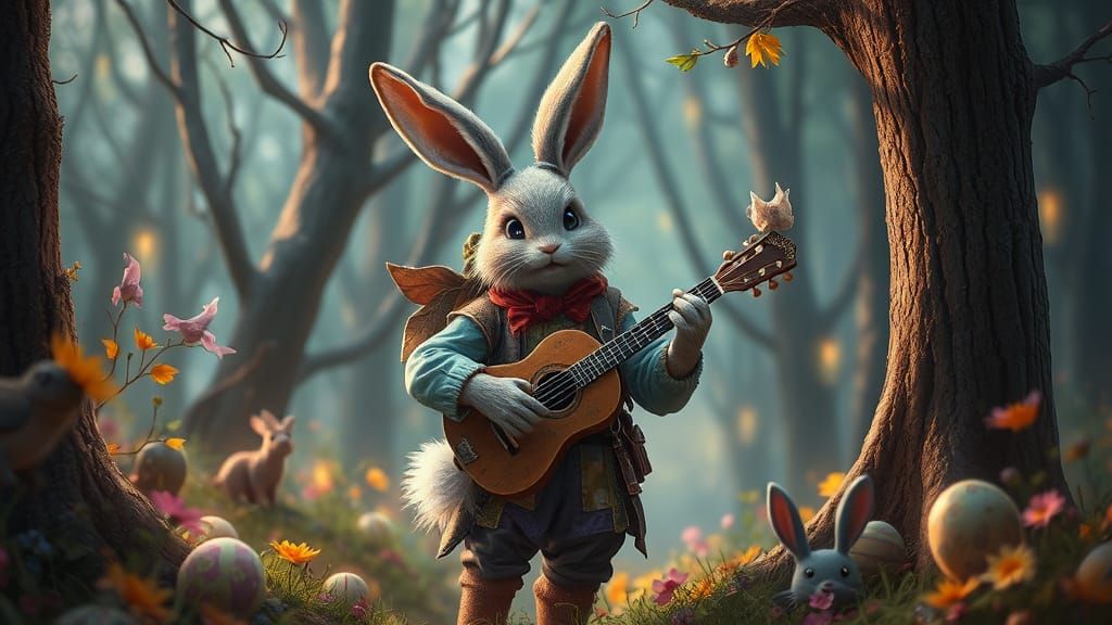 Whimsical Easter Bunny Bard in Enchanted Forest