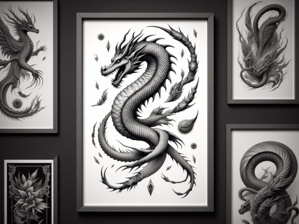 A framed sheet of multiple simple small flash tattoos in a b...