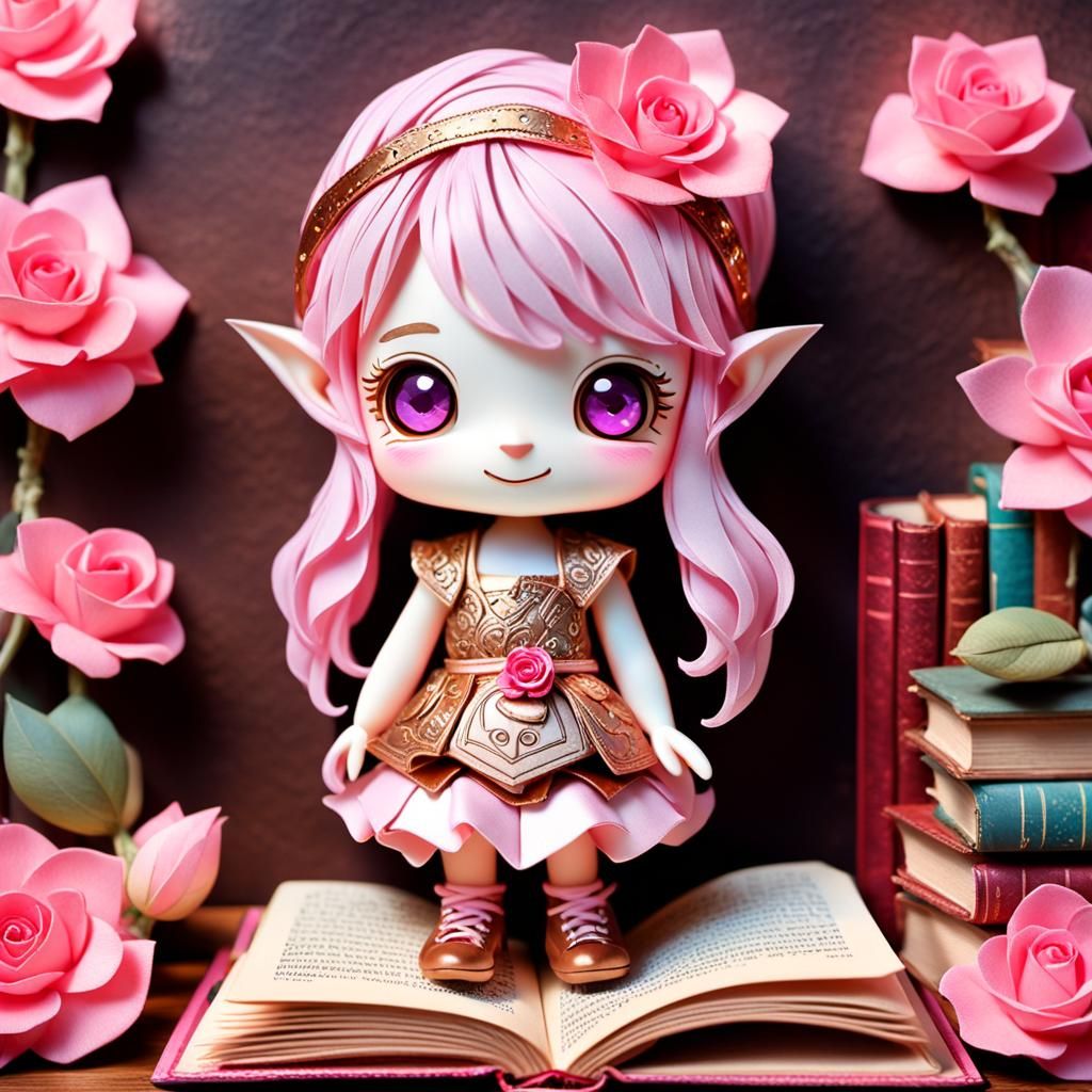 Chibi Gnome in Enchanted Library with Rose Gold Book