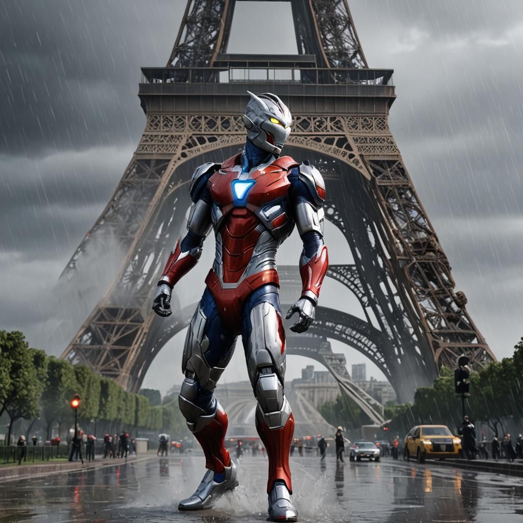 Ultraman at the Eiffel Tower in Rain: 3D Render