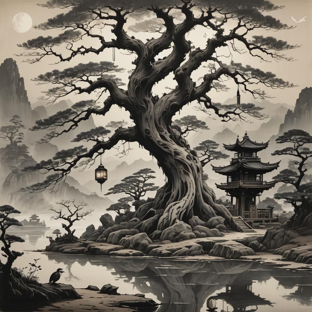Bonsai Tree and House in Dreamlike Ink Wash Painting