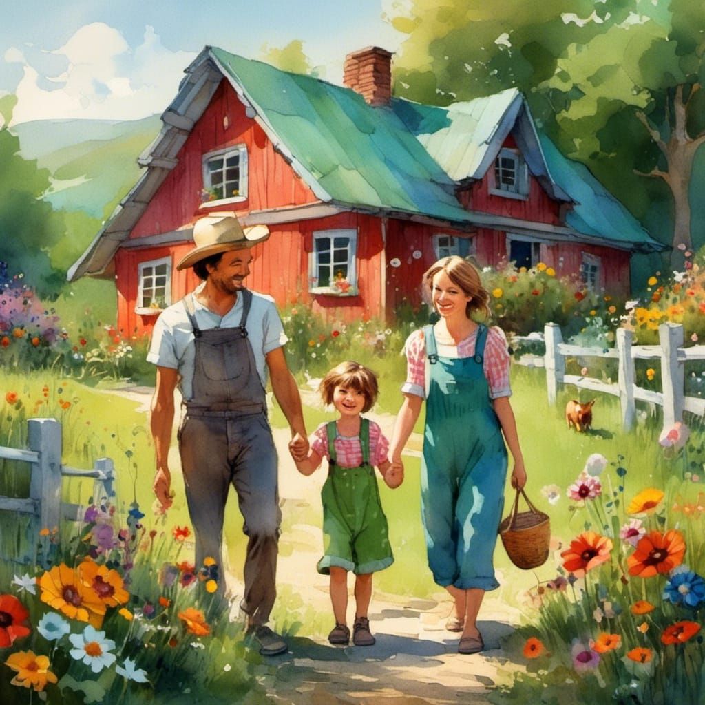 <lora:Female Portraits:1.0>whimsical folk art style of a toddler girl with Parents in vibrant colorful summer clothing