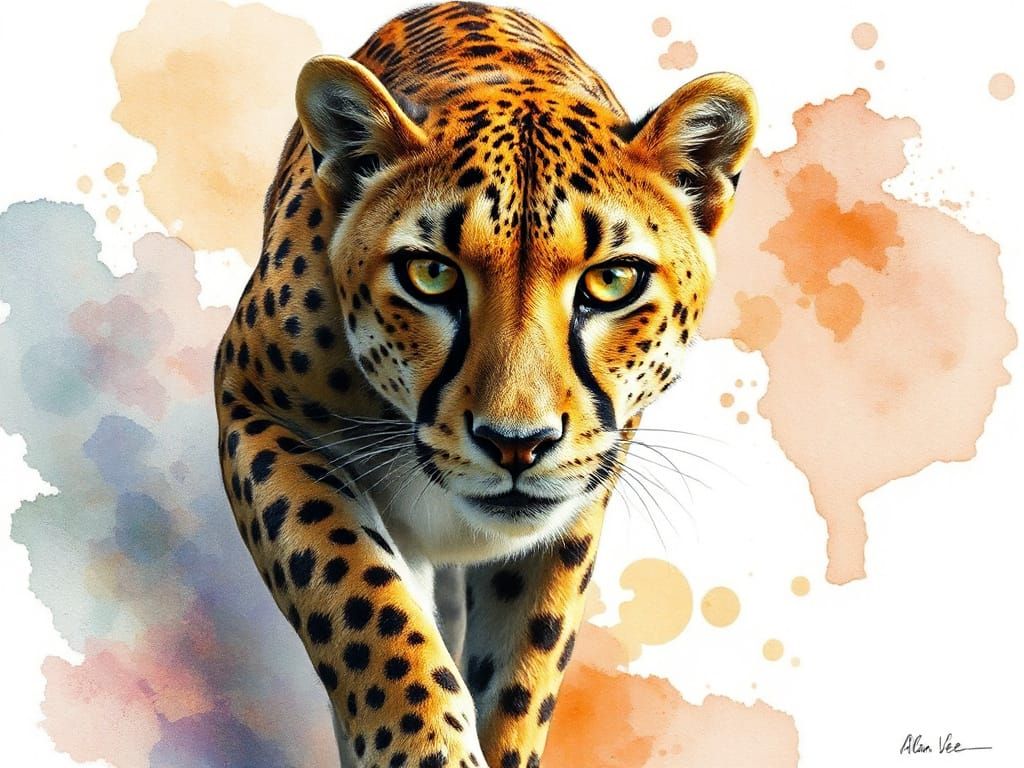 Cheetah Stepping Out of Watercolor Illustration