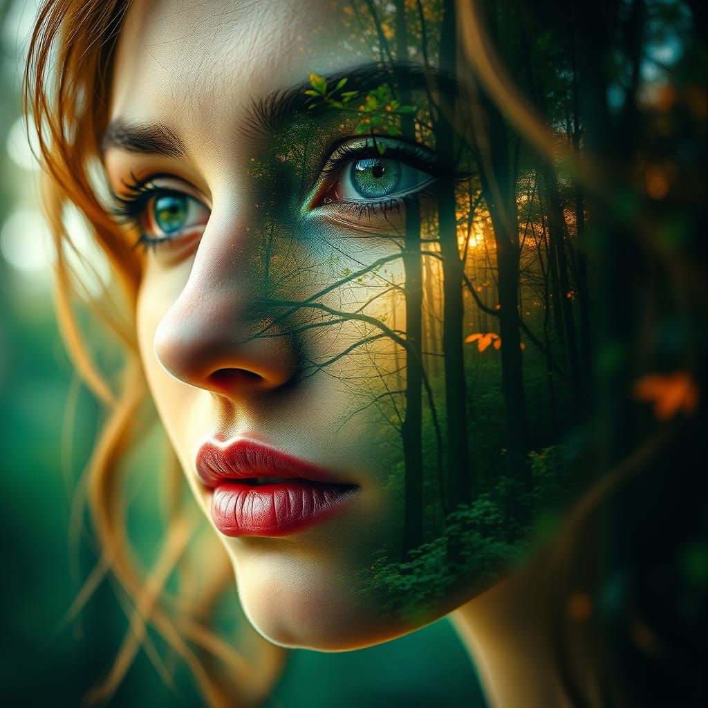 Ethereal Double Exposure: Woman and Forest in Mixed Media