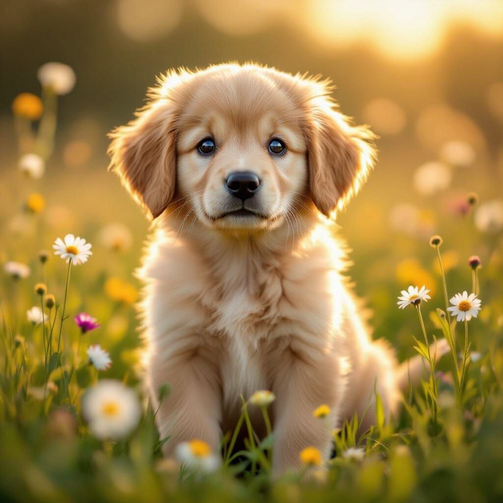 Fluffy Golden Retriever Puppy in Wildflower Meadow