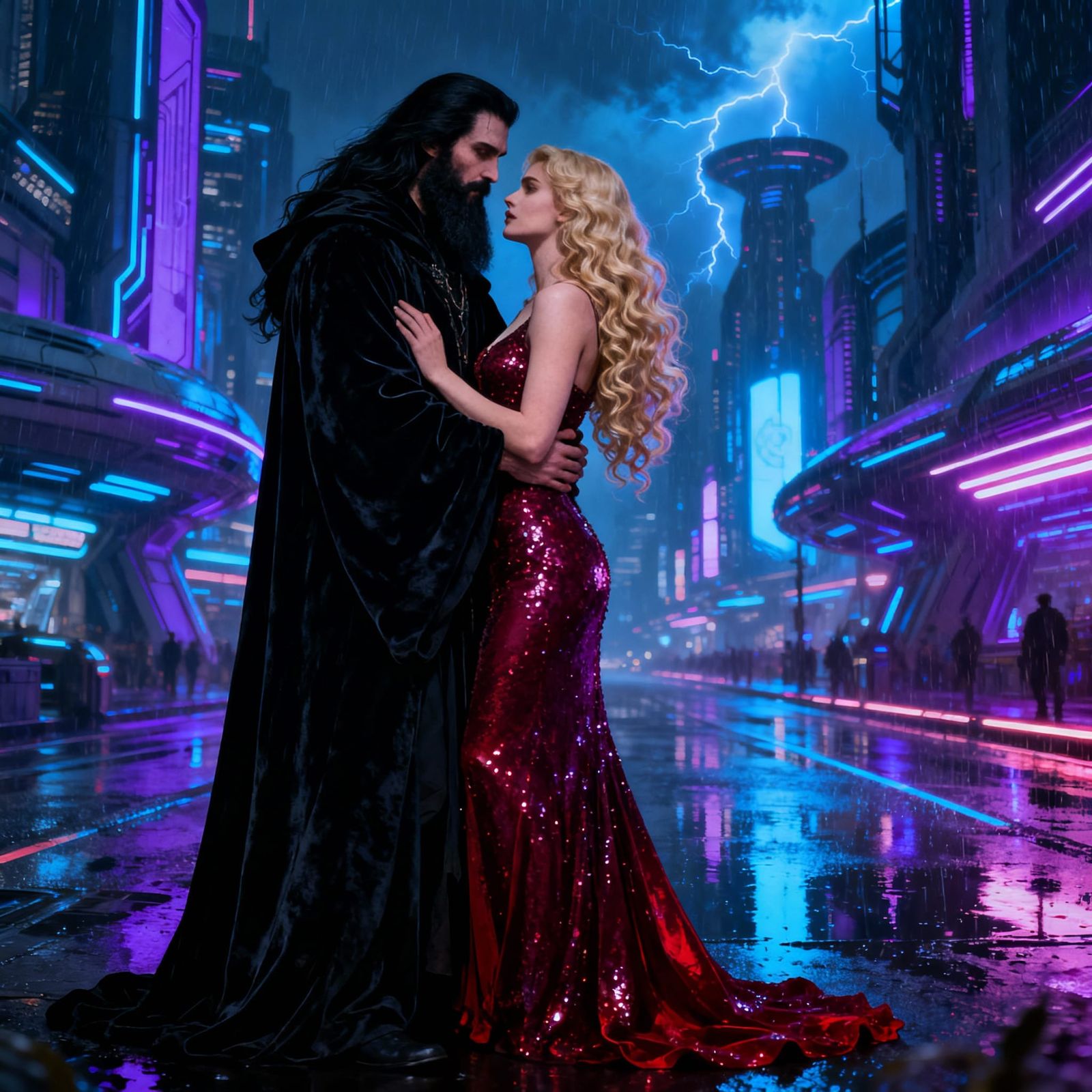 Futuristic Wizard Embraces Woman in Neon Cityscape