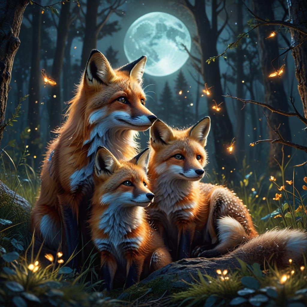 Fox and Cubs in Moonlit Forest, Digital Art
