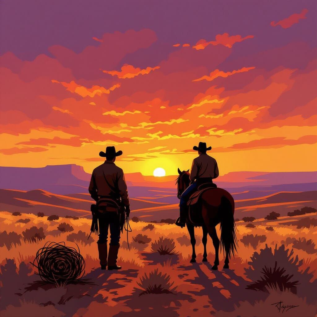 Cowboy Silhouette in Impressionistic Desert Sunset
