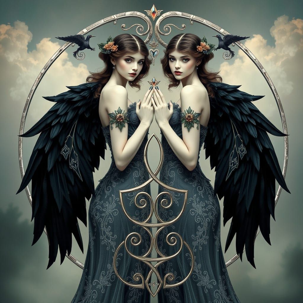 Ethereal Art Nouveau Twin Sisters with Raven Wings
