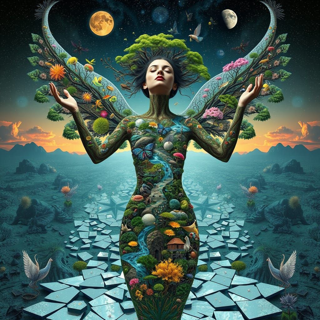 Ethereal Landscape Woman in Bio-Art Collage