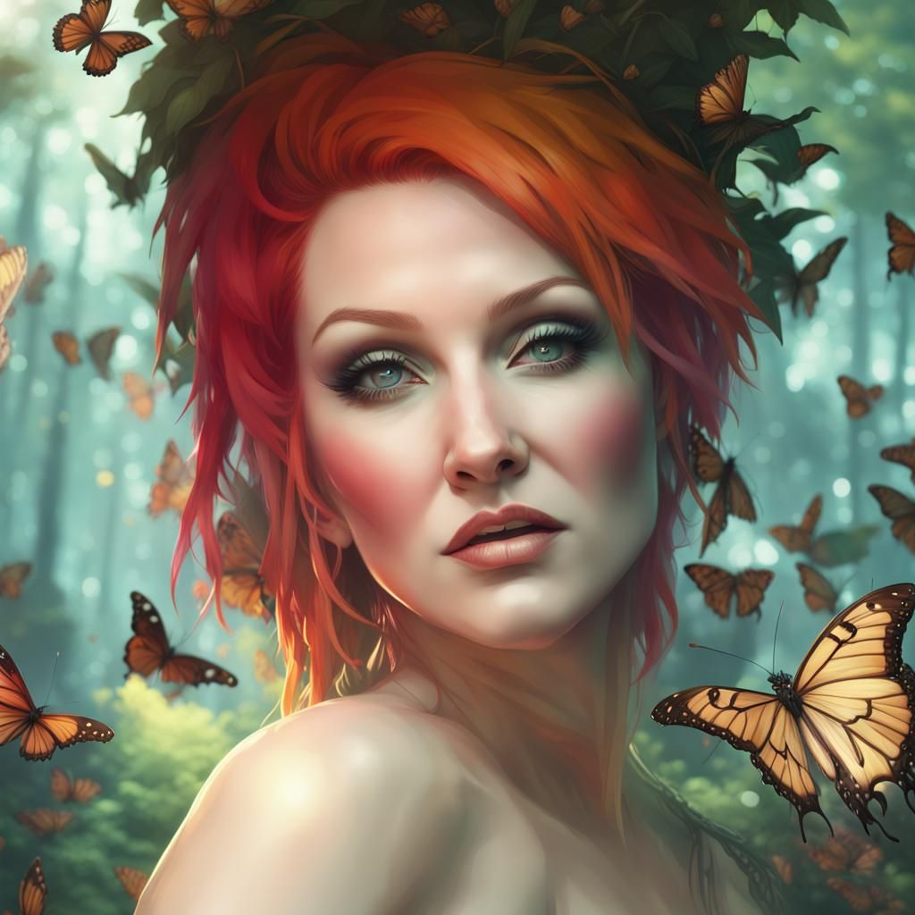 Cyndi Lauper Surrounded by Butterflies, Art Nouveau Portrait