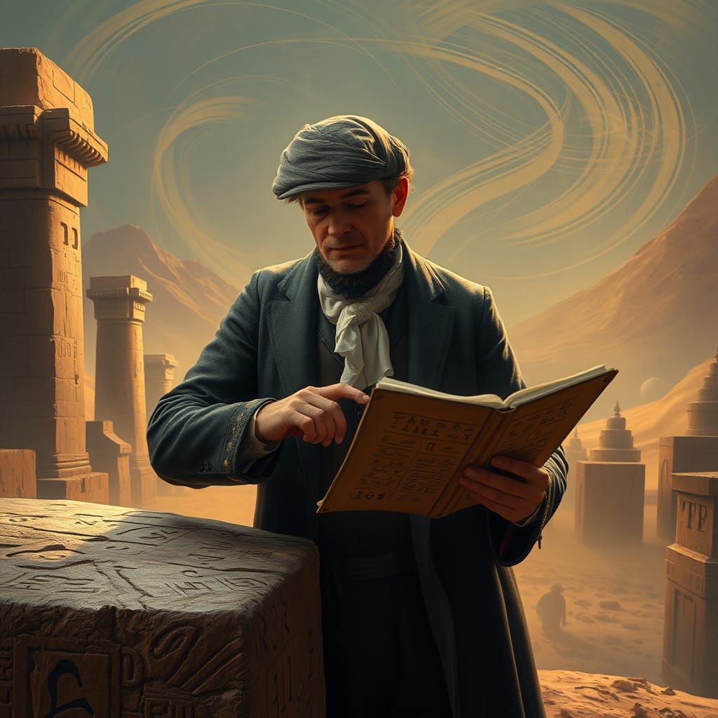 Champollion Deciphers Rosetta Stone in Dreamlike Landscape
