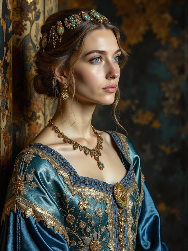 Elegant Young Noblewoman in Opulent Turquoise and Gold Embro...
