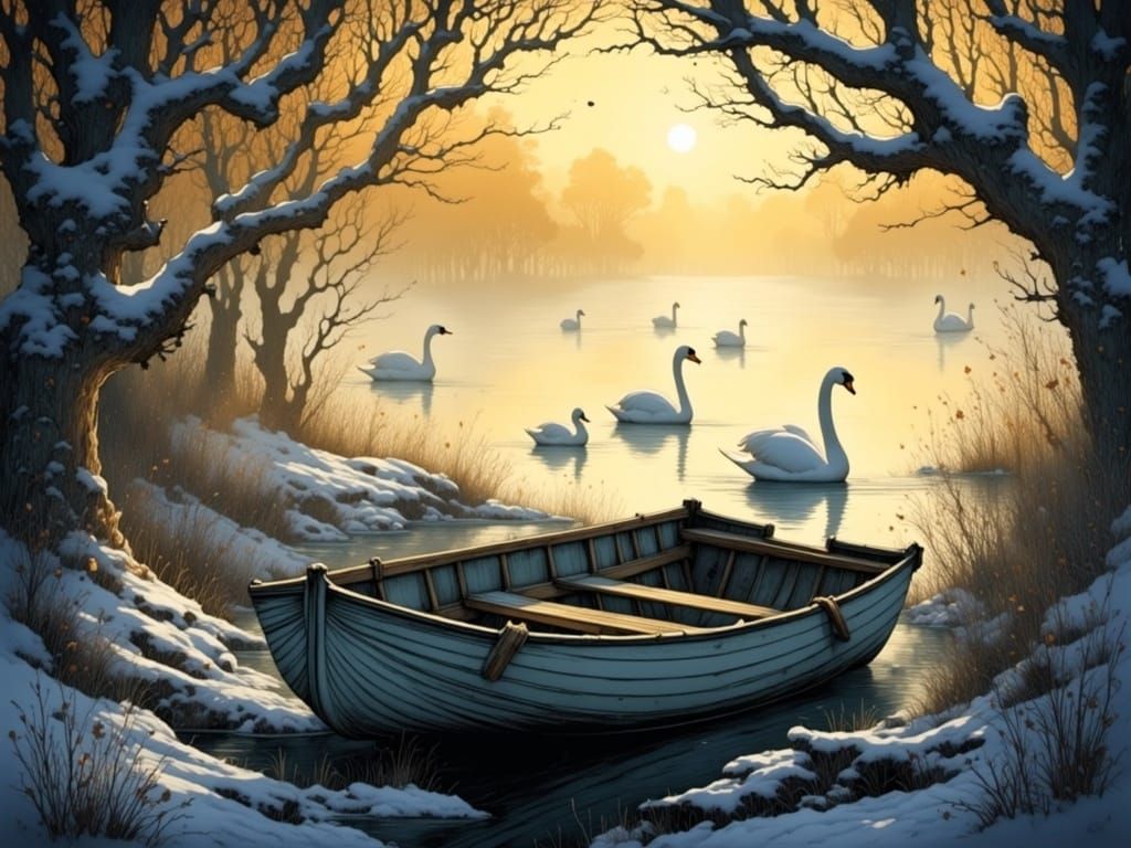 Enchanting Winter Lake Scene with Swans and Abandoned Boat