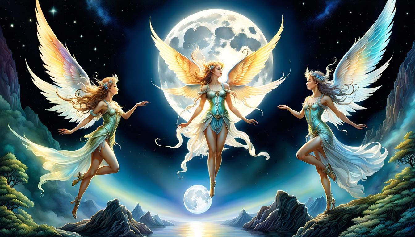 Faeries and Angels Ascending to Moon in Watercolor