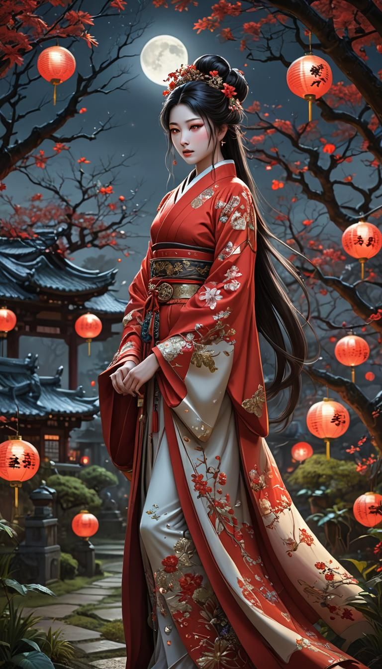 Japanese Princess in Red Moon Garden: Anime Realism