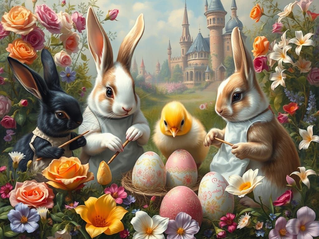 Bunnies Painting Easter Eggs in a Lush Meadow