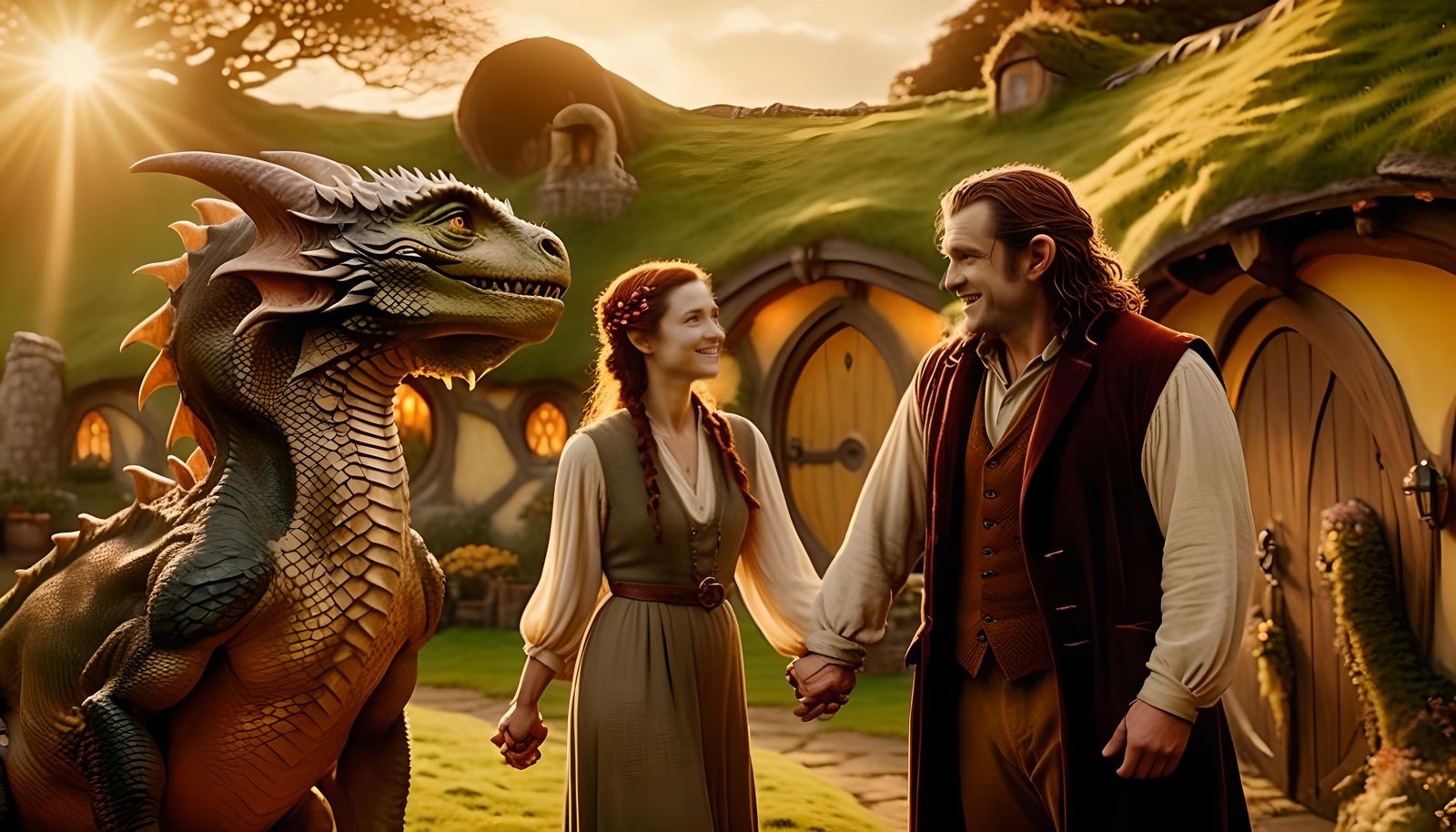 Hobbit Couple with Dragon in Hobbiton Yard
