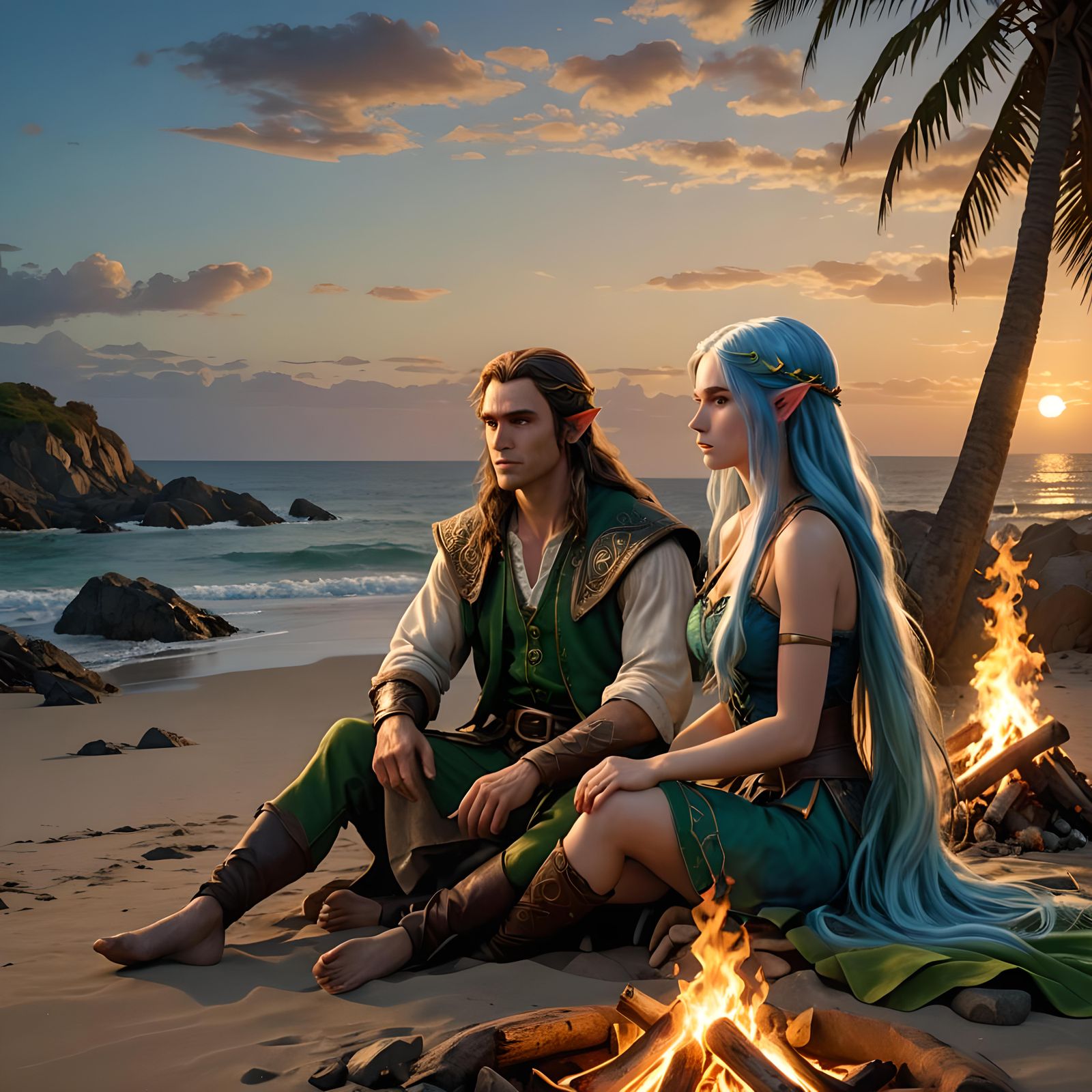 Anime Style Elf Girl and Man on Beach