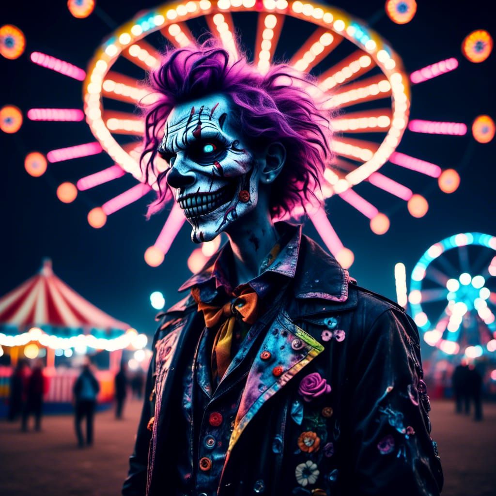 Clowns Under Ethereal Lights at Funfair