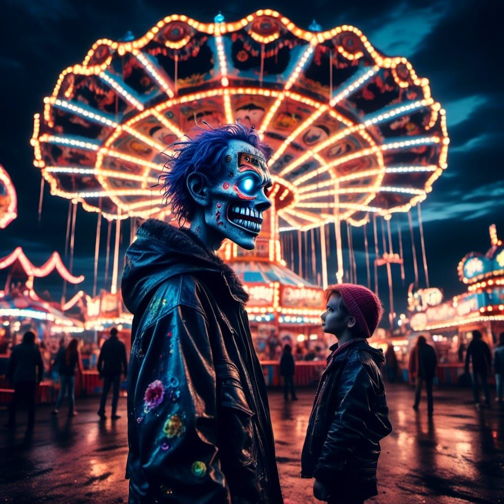 Hyperrealistic Clowns at Funfair on a Full Moon Night