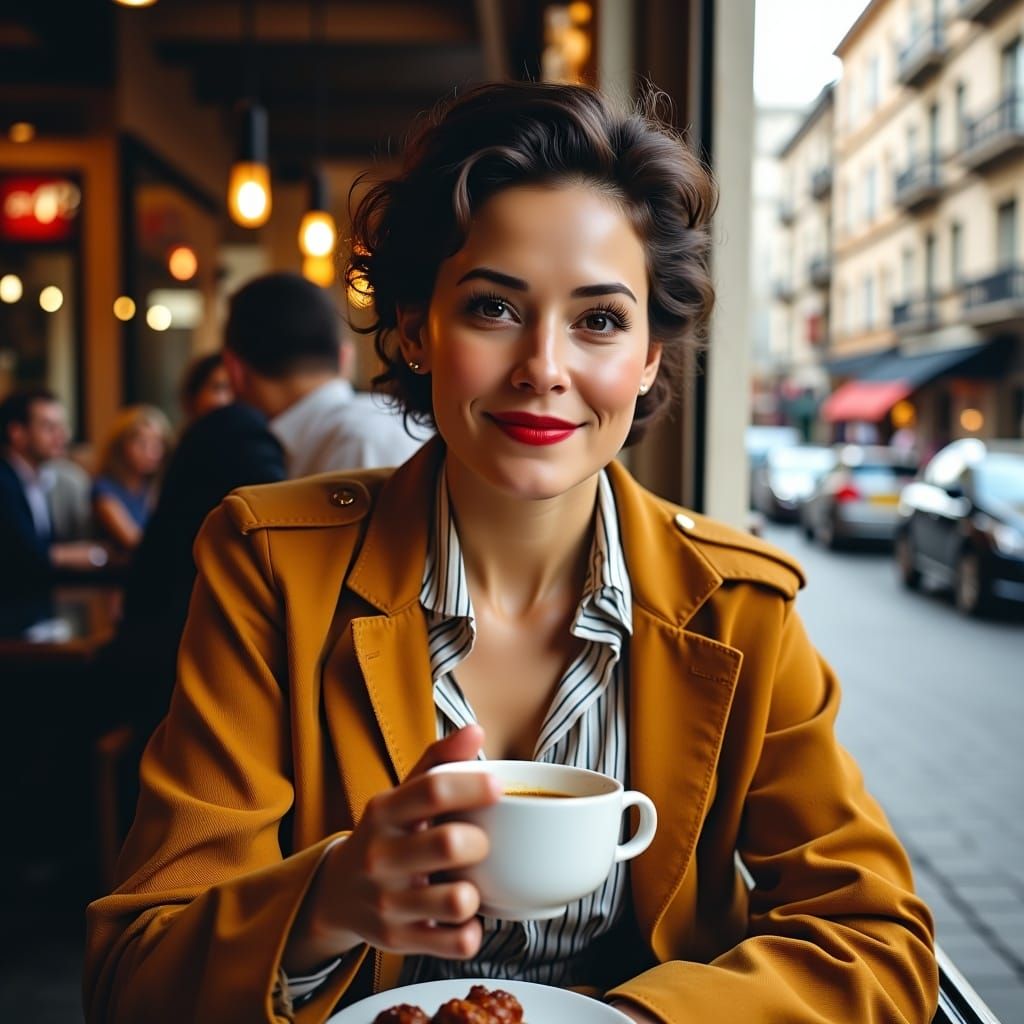 Woman Smiling at Cafe, Busy Street View