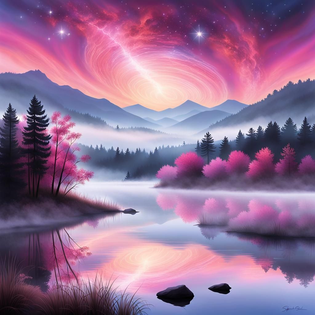 A nocturnal landscape bathed in pink hues