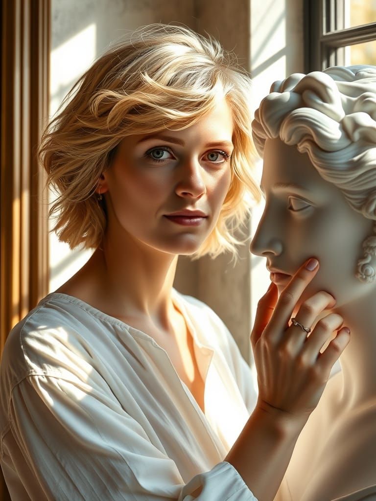 Female Artist Sculpting a Marble Woman in Natural Light