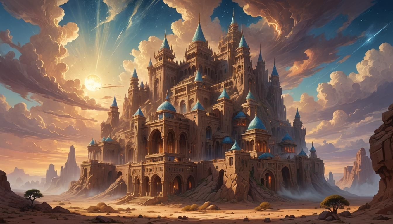 Fantasy Stone Palace in Desert Oil Painting