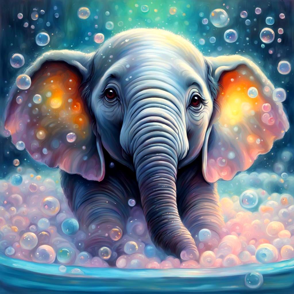 Cute Elephant in Bubble Bath, Fantasy Art