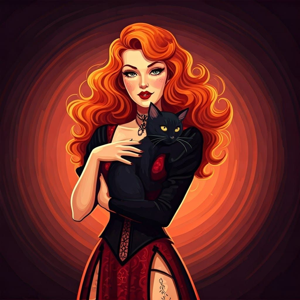 Retro Pin-Up Art: Ginger Witch and Black Cat